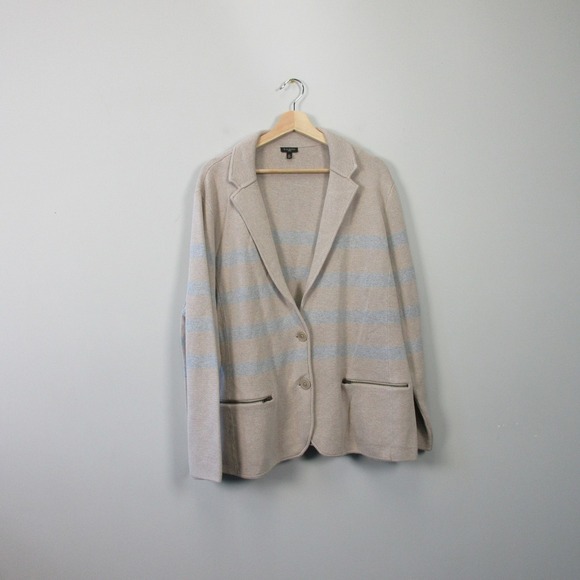 Talbots Knit Blazer Jacket Woman 3X Beige Striped Cotton Rayon Casual Chic 984 - Picture 1 of 8